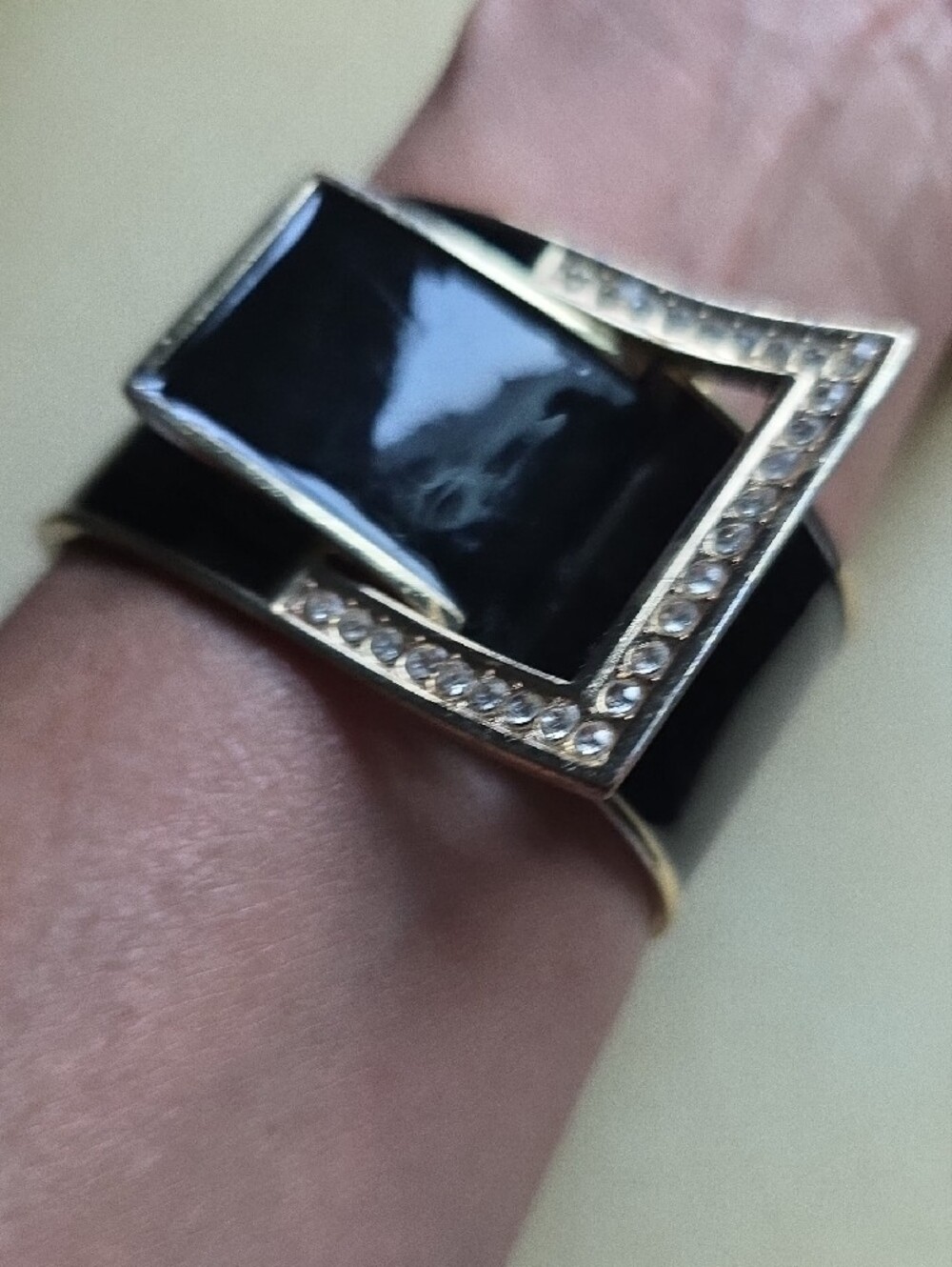 Gold-Tone Black Enamel Buckle Bracelet with Crystal Trim
